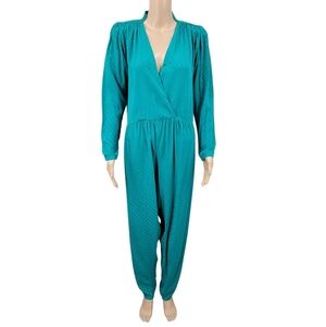 Saint Romei Vintage Silk Jacquard Teal Long Sleeve Jumpsuit